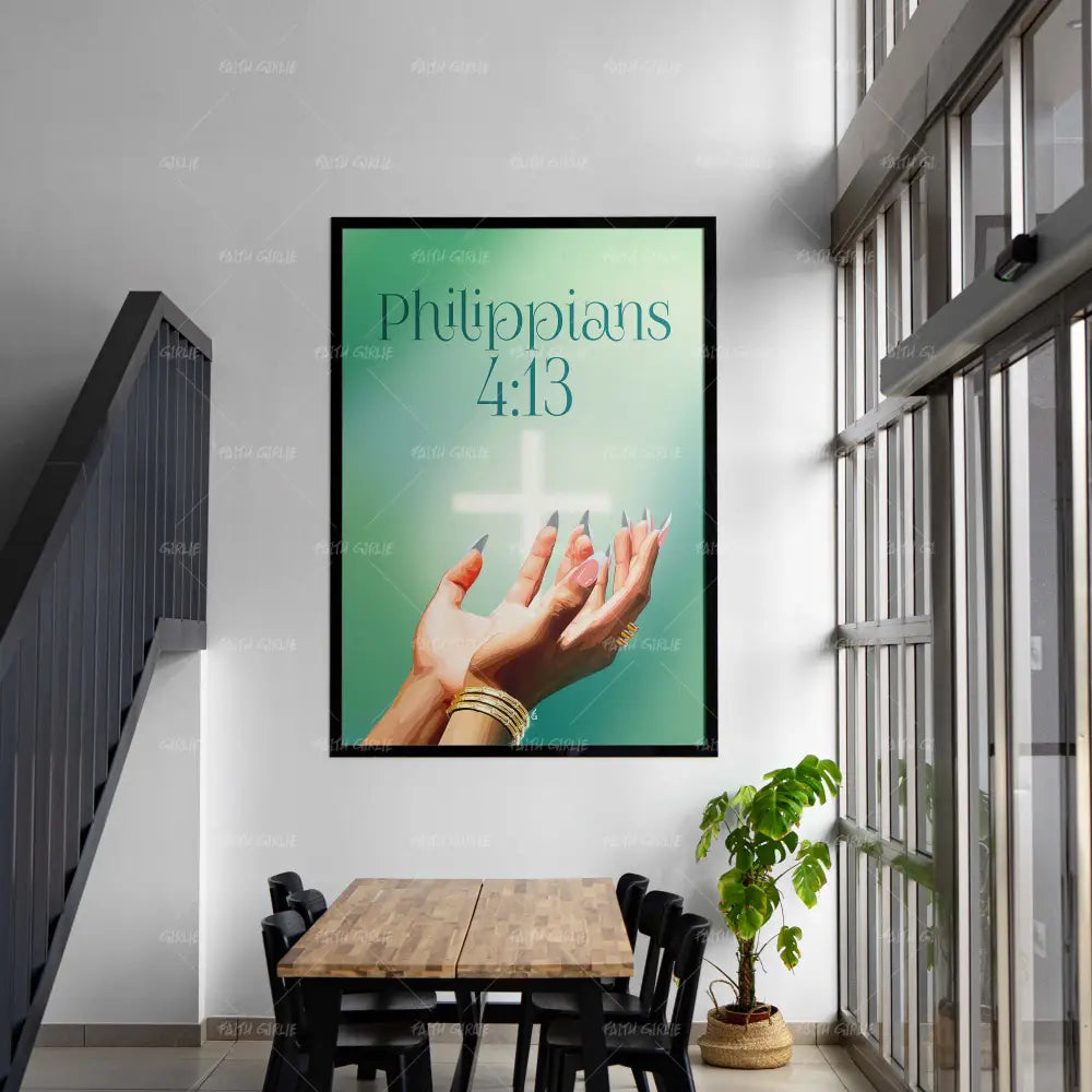 Green Philippians 4:13-wall art print featuring decorative artistic design suitable for living rooms, offices, and schools by Faith Girlie. Elevate your space with faith-inspired wall art designed to bring peace, purpose, and beauty into your home. At Faith Girlie, each piece is thoughtfully created to inspire reflection, strengthen faith, and celebrate a life grounded in God’s word.