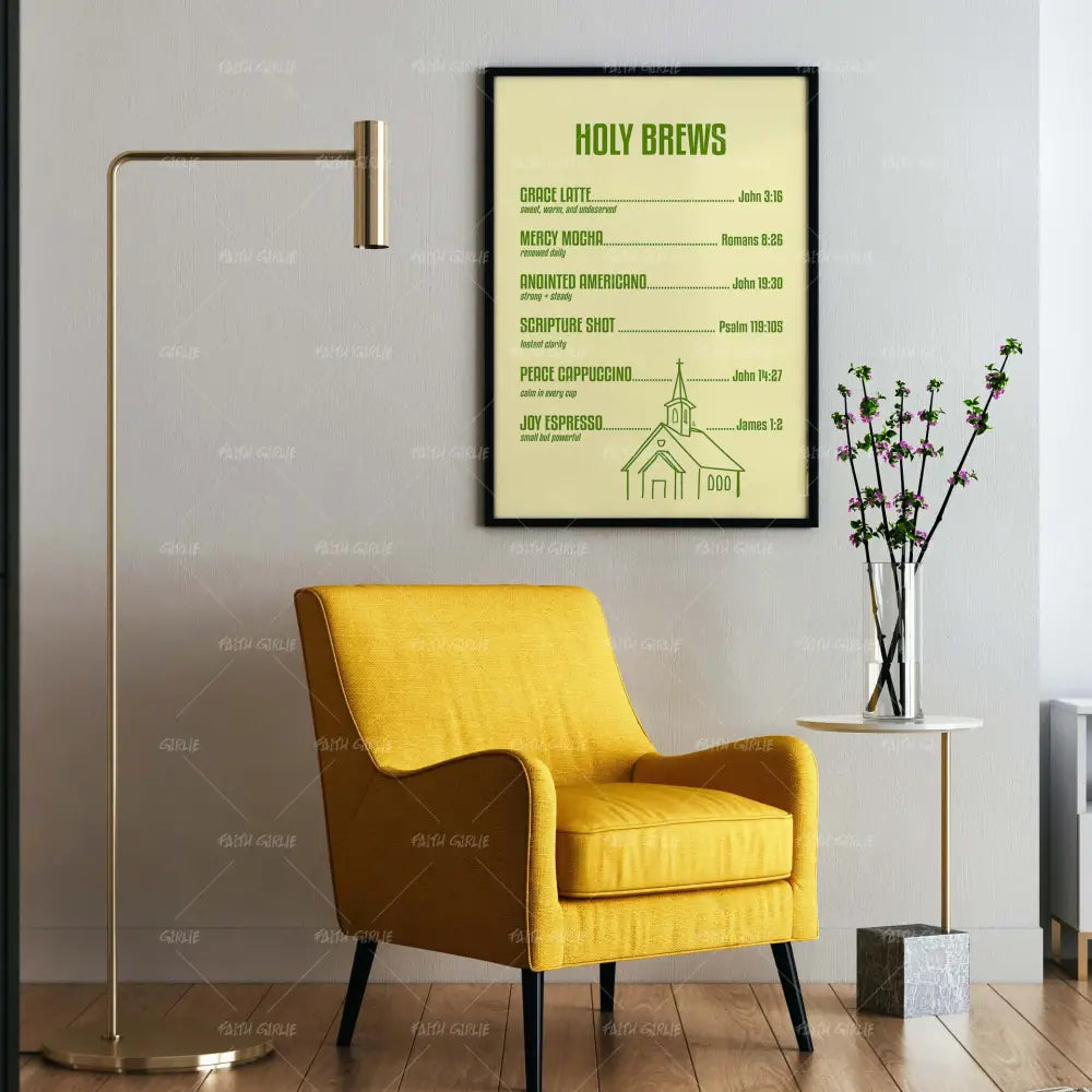 Holy Brews- Bible verse wall art and Christian wall art by Faith Girlie featuring faith-inspired designs, uplifting Scripture, and modern Christian home decor. Perfect for Christian living room decor, bedroom decor, office decor, prayer room decor, and meaningful Christian gifts for women and families.-Faith Girlie