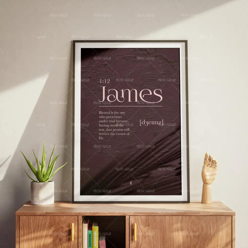 James 1:12- Bible verse wall art and Christian wall art by Faith Girlie featuring faith-inspired designs, uplifting Scripture, and modern Christian home decor. Perfect for Christian living room decor, bedroom decor, office decor, prayer room decor, and meaningful Christian gifts for women and families.-Faith Girlie
