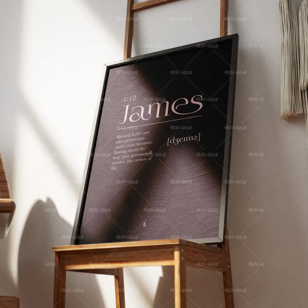 James 1:12- Bible verse wall art and Christian wall art by Faith Girlie featuring faith-inspired designs, uplifting Scripture, and modern Christian home decor. Perfect for Christian living room decor, bedroom decor, office decor, prayer room decor, and meaningful Christian gifts for women and families.-Faith Girlie