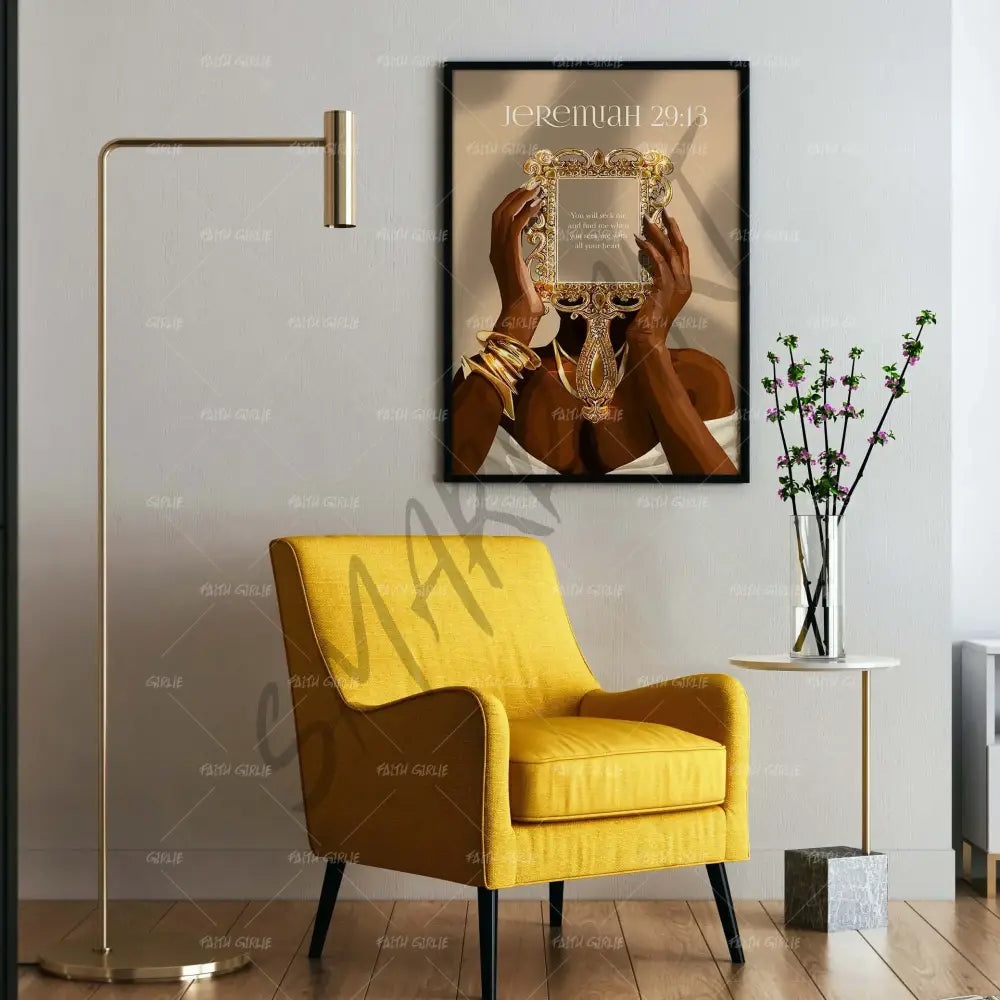 Jeremiah 29:13-wall art print featuring decorative artistic design suitable for living rooms, offices, and schools by Faith Girlie. Elevate your space with faith-inspired wall art designed to bring peace, purpose, and beauty into your home. At Faith Girlie, each piece is thoughtfully created to inspire reflection, strengthen faith, and celebrate a life grounded in God’s word.