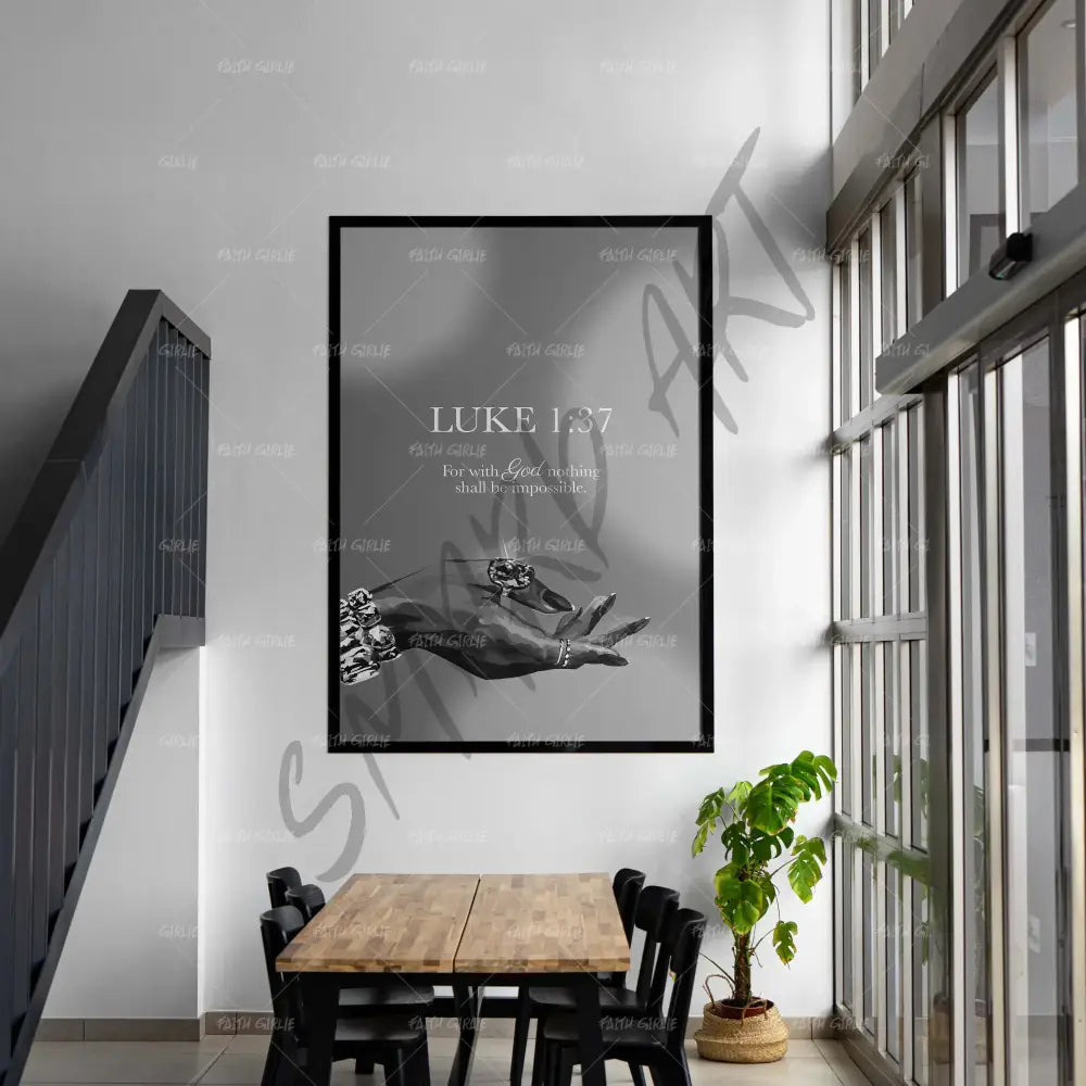 Luke 1:37 B&W- Bible verse wall art and Christian wall art by Faith Girlie featuring faith-inspired designs, uplifting Scripture, and modern Christian home decor. Perfect for Christian living room decor, bedroom decor, office decor, prayer room decor, and meaningful Christian gifts for women and families.-Faith Girlie