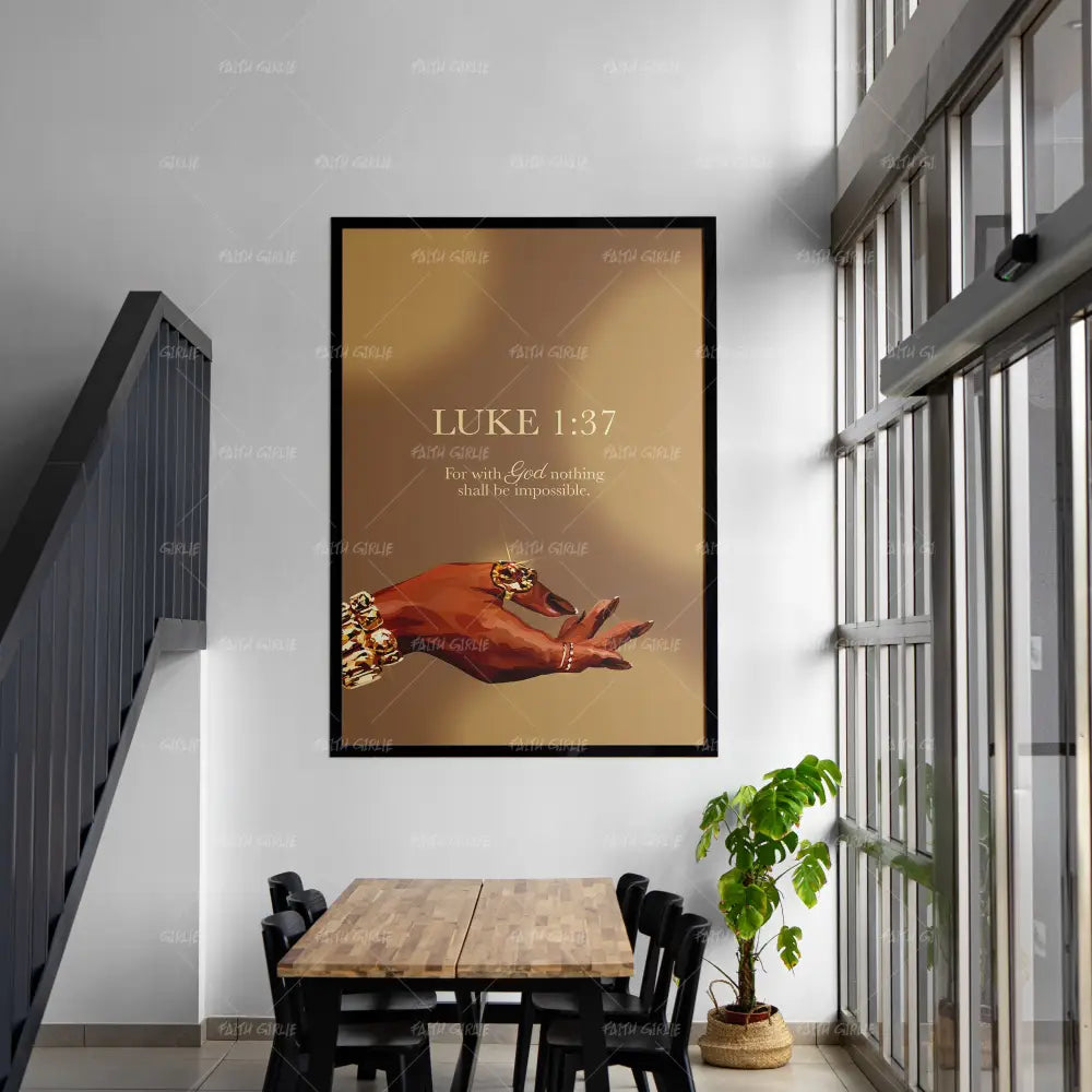 Luke 1:37 Gold- Bible verse wall art and Christian wall art by Faith Girlie featuring faith-inspired designs, uplifting Scripture, and modern Christian home decor. Perfect for Christian living room decor, bedroom decor, office decor, prayer room decor, and meaningful Christian gifts for women and families.-Faith Girlie