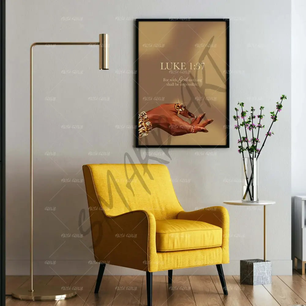 Luke 1:37 Gold-wall art print featuring decorative artistic design suitable for living rooms, offices, and schools by Faith Girlie. Elevate your space with faith-inspired wall art designed to bring peace, purpose, and beauty into your home. At Faith Girlie, each piece is thoughtfully created to inspire reflection, strengthen faith, and celebrate a life grounded in God’s word.