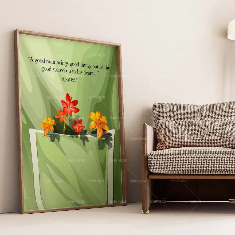 Luke 6:45- Bible verse wall art and Christian wall art by Faith Girlie featuring faith-inspired designs, uplifting Scripture, and modern Christian home decor. Perfect for Christian living room decor, bedroom decor, office decor, prayer room decor, and meaningful Christian gifts for women and families.-Faith Girlie