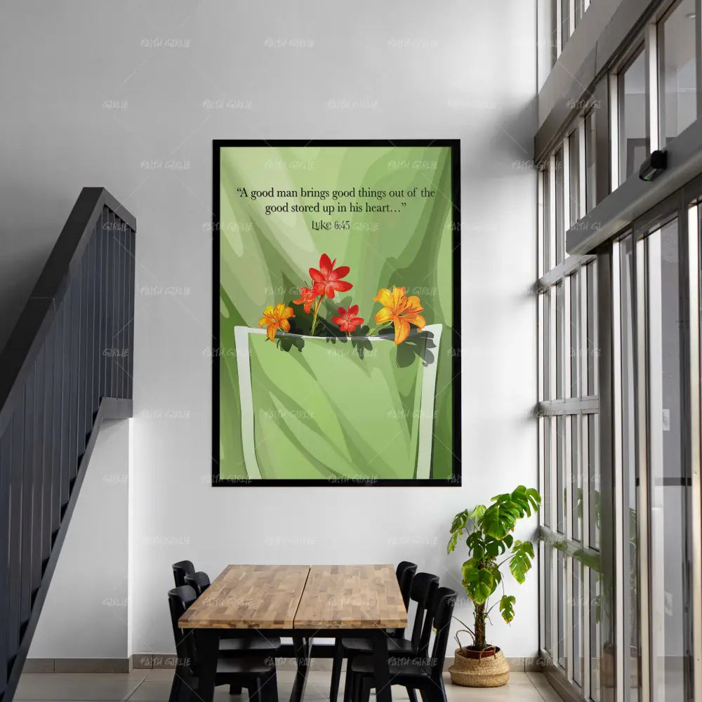 Luke 6:45- Bible verse wall art and Christian wall art by Faith Girlie featuring faith-inspired designs, uplifting Scripture, and modern Christian home decor. Perfect for Christian living room decor, bedroom decor, office decor, prayer room decor, and meaningful Christian gifts for women and families.-Faith Girlie