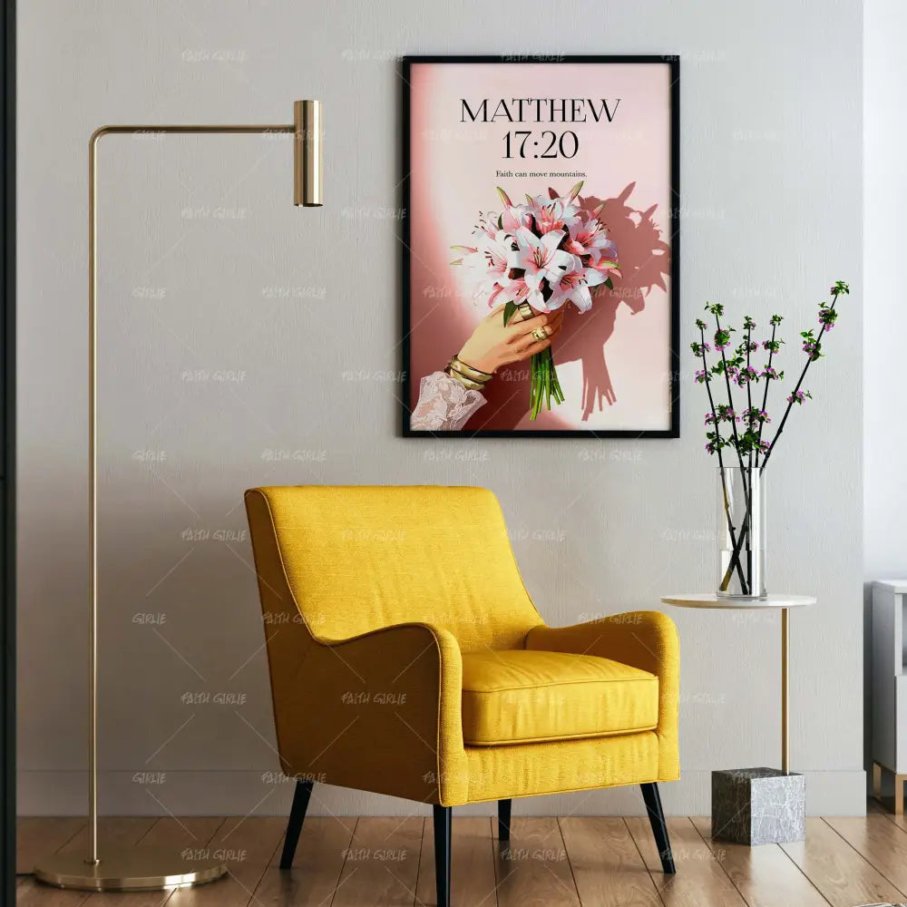 Matthew 17:20- Bible verse wall art and Christian wall art by Faith Girlie featuring faith-inspired designs, uplifting Scripture, and modern Christian home decor. Perfect for Christian living room decor, bedroom decor, office decor, prayer room decor, and meaningful Christian gifts for women and families.-Faith Girlie