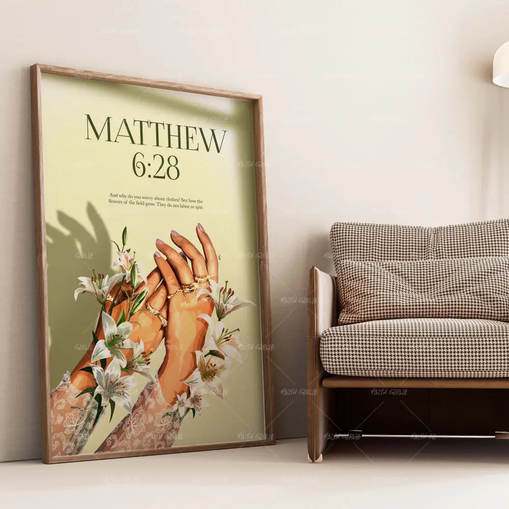 Matthew 6:28- Bible verse wall art and Christian wall art by Faith Girlie featuring faith-inspired designs, uplifting Scripture, and modern Christian home decor. Perfect for Christian living room decor, bedroom decor, office decor, prayer room decor, and meaningful Christian gifts for women and families.-Faith Girlie