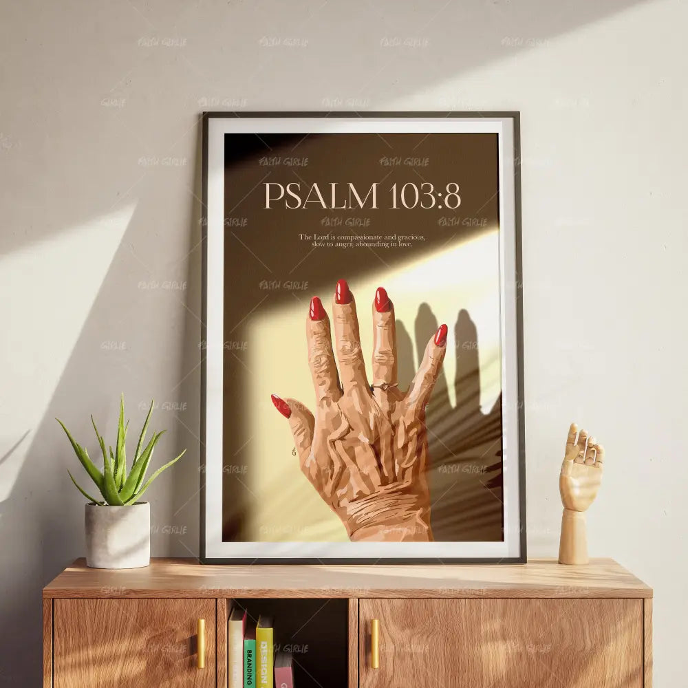 Psalm 103:8- Bible verse wall art and Christian wall art by Faith Girlie featuring faith-inspired designs, uplifting Scripture, and modern Christian home decor. Perfect for Christian living room decor, bedroom decor, office decor, prayer room decor, and meaningful Christian gifts for women and families.-Faith Girlie