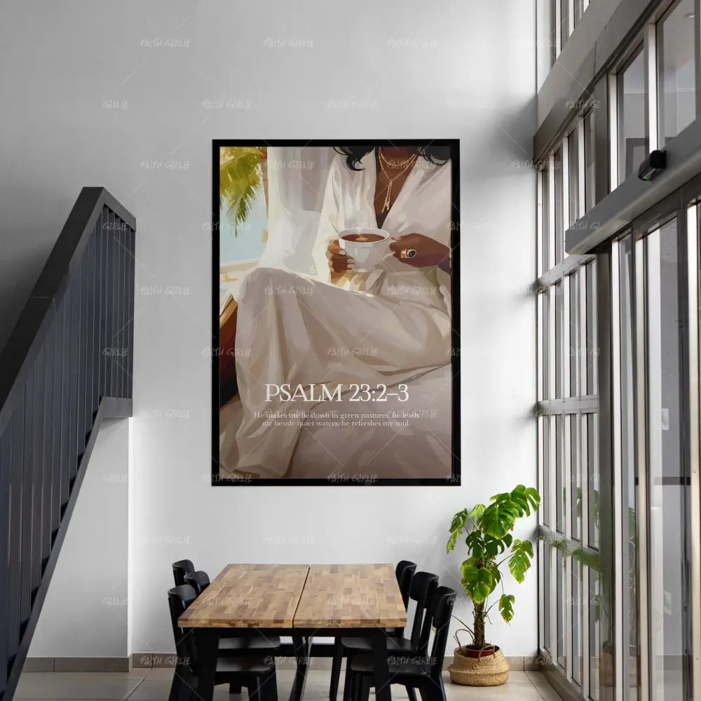 Psalm 23:2-3- Bible verse wall art and Christian wall art by Faith Girlie featuring faith-inspired designs, uplifting Scripture, and modern Christian home decor. Perfect for Christian living room decor, bedroom decor, office decor, prayer room decor, and meaningful Christian gifts for women and families.-Faith Girlie