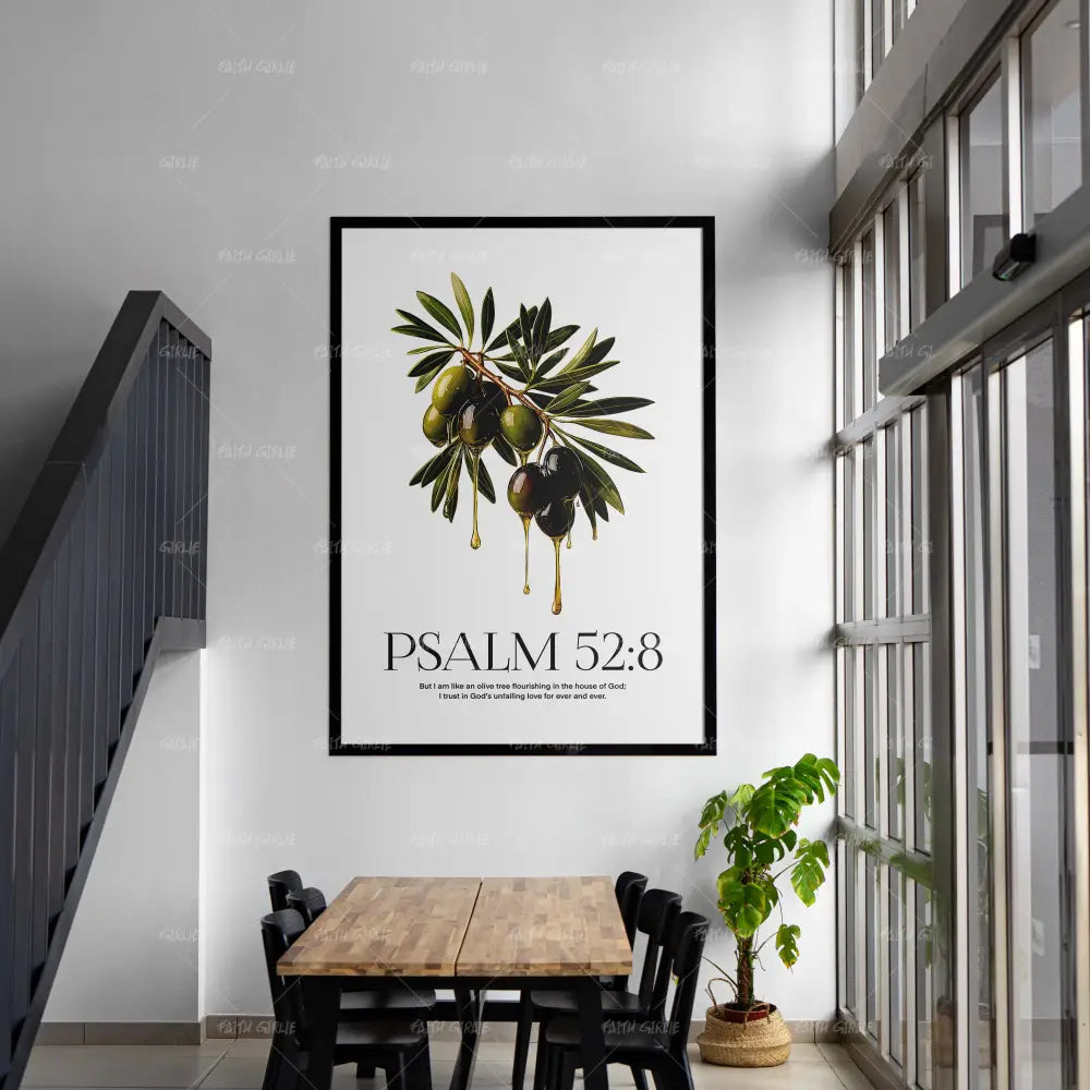 Psalm 52:8- Bible verse wall art and Christian wall art by Faith Girlie featuring faith-inspired designs, uplifting Scripture, and modern Christian home decor. Perfect for Christian living room decor, bedroom decor, office decor, prayer room decor, and meaningful Christian gifts for women and families.-Faith Girlie