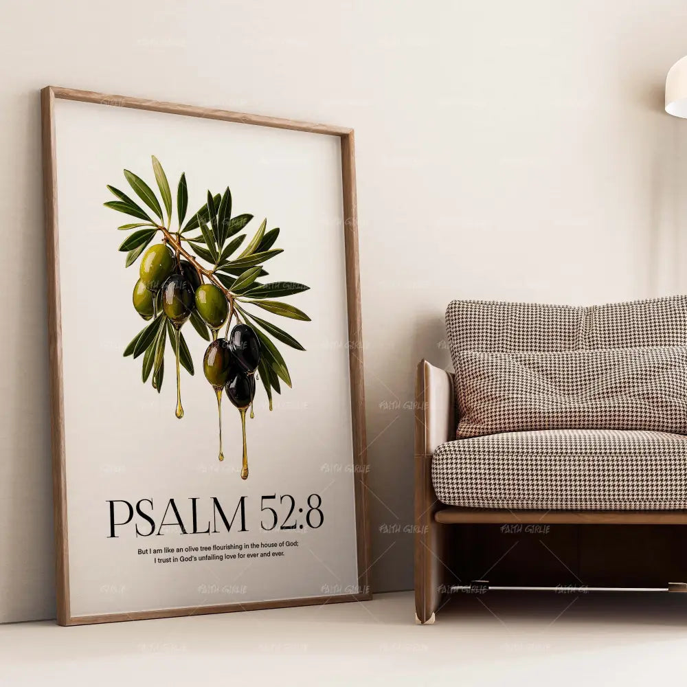 Psalm 52:8- Bible verse wall art and Christian wall art by Faith Girlie featuring faith-inspired designs, uplifting Scripture, and modern Christian home decor. Perfect for Christian living room decor, bedroom decor, office decor, prayer room decor, and meaningful Christian gifts for women and families.-Faith Girlie