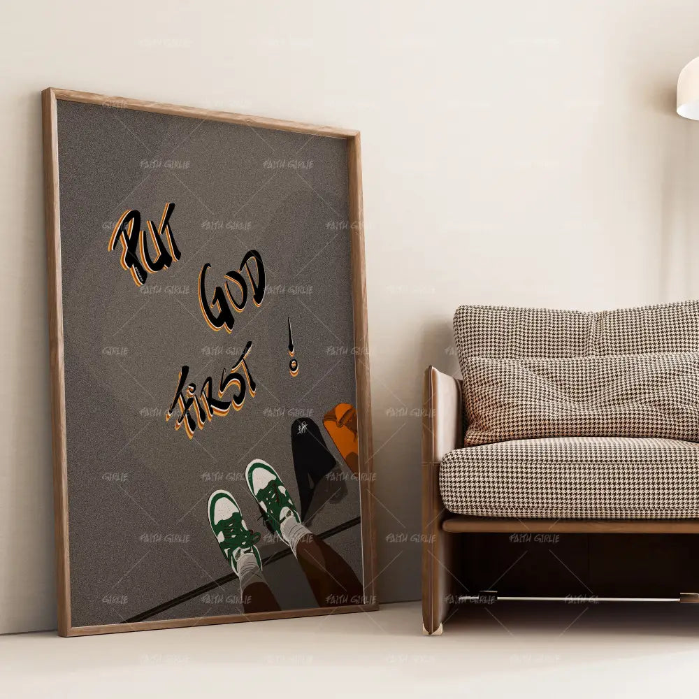 Put God First- Bible verse wall art and Christian wall art by Faith Girlie featuring faith-inspired designs, uplifting Scripture, and modern Christian home decor. Perfect for Christian living room decor, bedroom decor, office decor, prayer room decor, and meaningful Christian gifts for women and families.-Faith Girlie