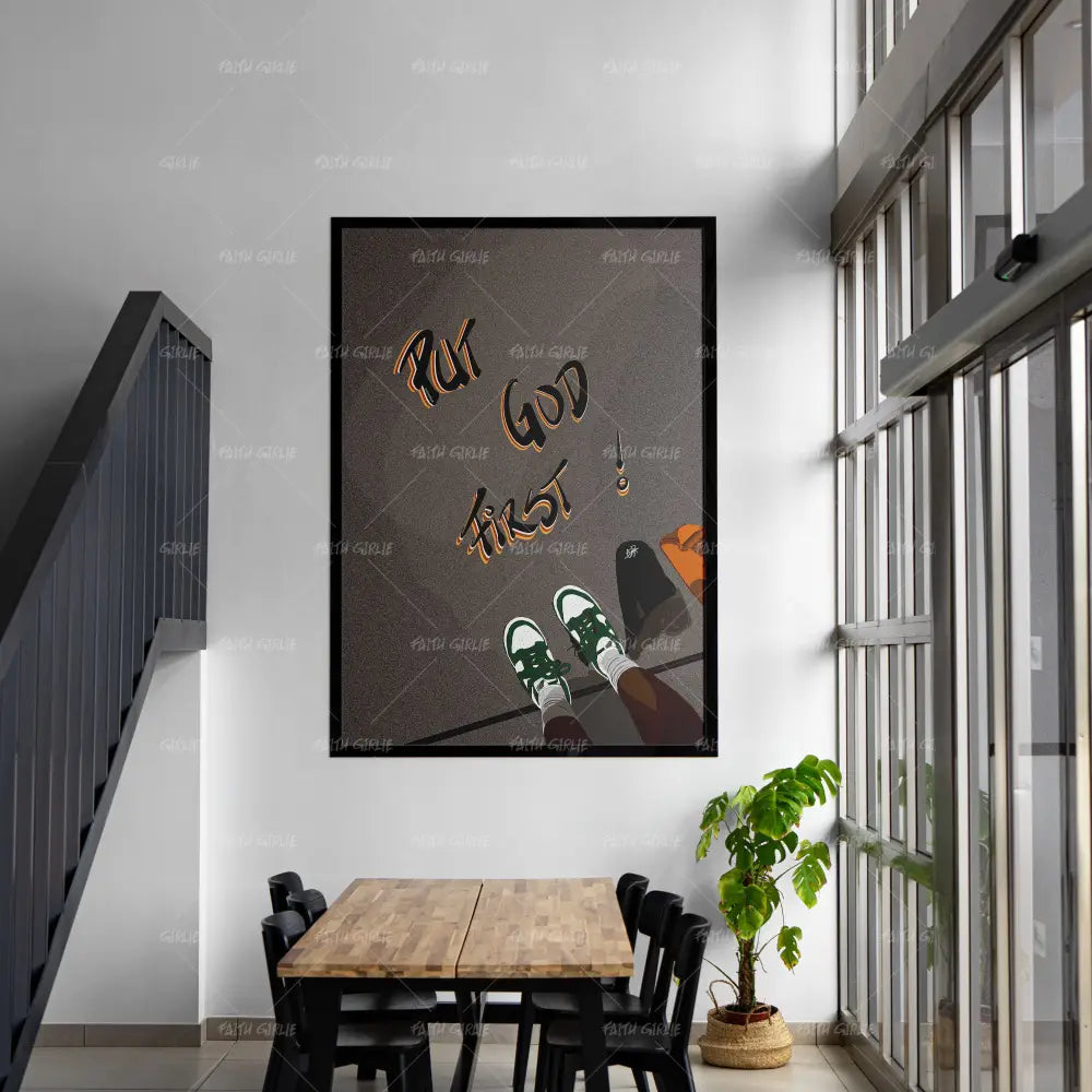 Put God First- Bible verse wall art and Christian wall art by Faith Girlie featuring faith-inspired designs, uplifting Scripture, and modern Christian home decor. Perfect for Christian living room decor, bedroom decor, office decor, prayer room decor, and meaningful Christian gifts for women and families.-Faith Girlie