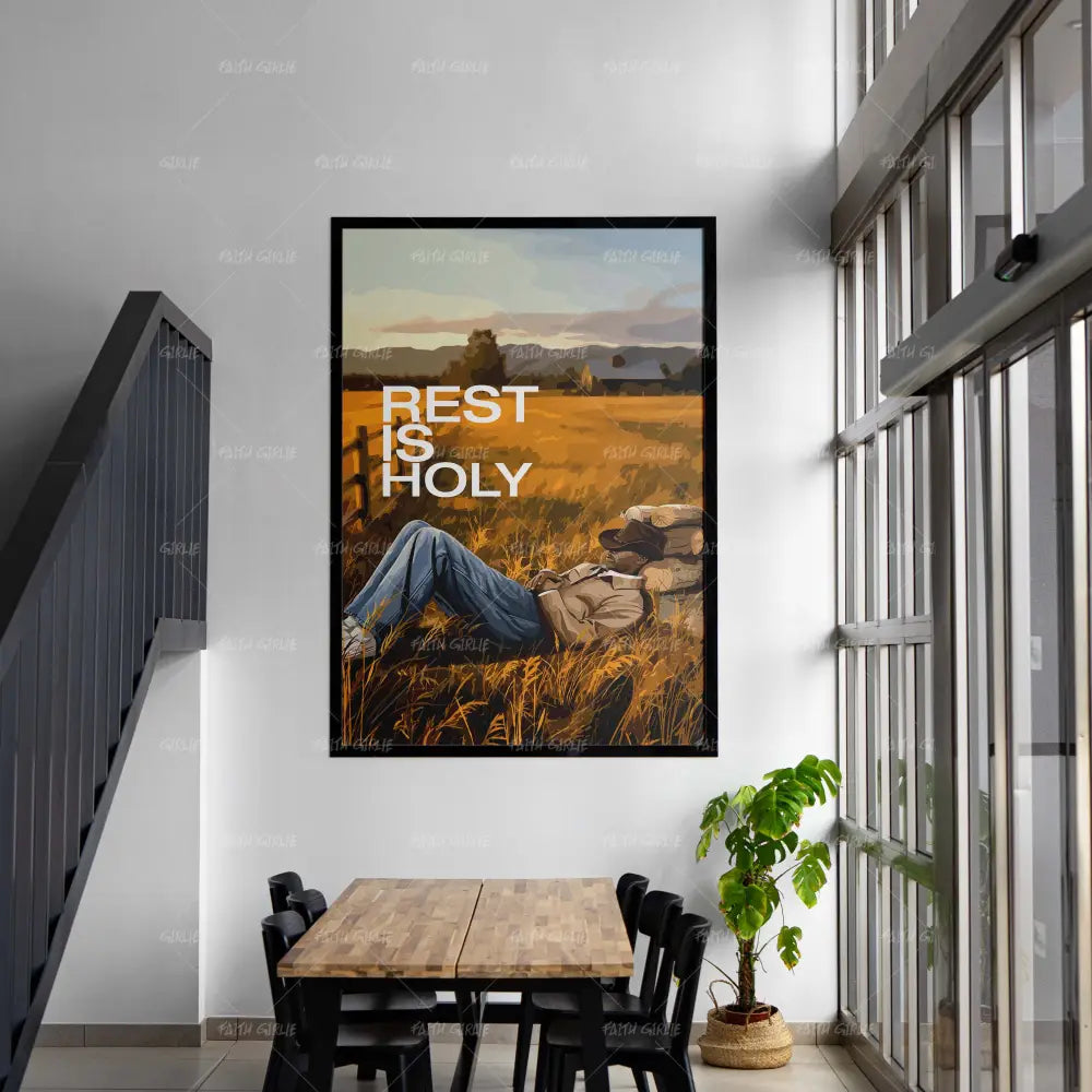 Rest Is Holy- Bible verse wall art and Christian wall art by Faith Girlie featuring faith-inspired designs, uplifting Scripture, and modern Christian home decor. Perfect for Christian living room decor, bedroom decor, office decor, prayer room decor, and meaningful Christian gifts for women and families.-Faith Girlie