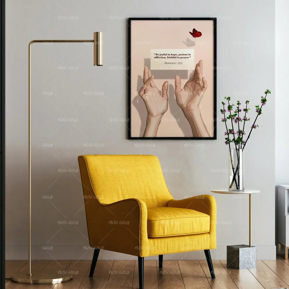 Romans 12:12- Bible verse wall art and Christian wall art by Faith Girlie featuring faith-inspired designs, uplifting Scripture, and modern Christian home decor. Perfect for Christian living room decor, bedroom decor, office decor, prayer room decor, and meaningful Christian gifts for women and families.-Faith Girlie