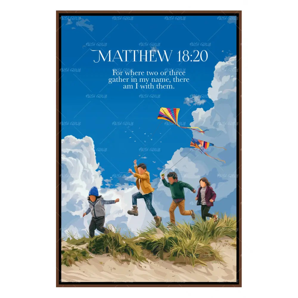 Youthful Adventures Christian youth wall art by Faith Girlie featuring four friends running outdoors beneath a blue sky with a colorful kite and Matthew 18:20 Scripture.